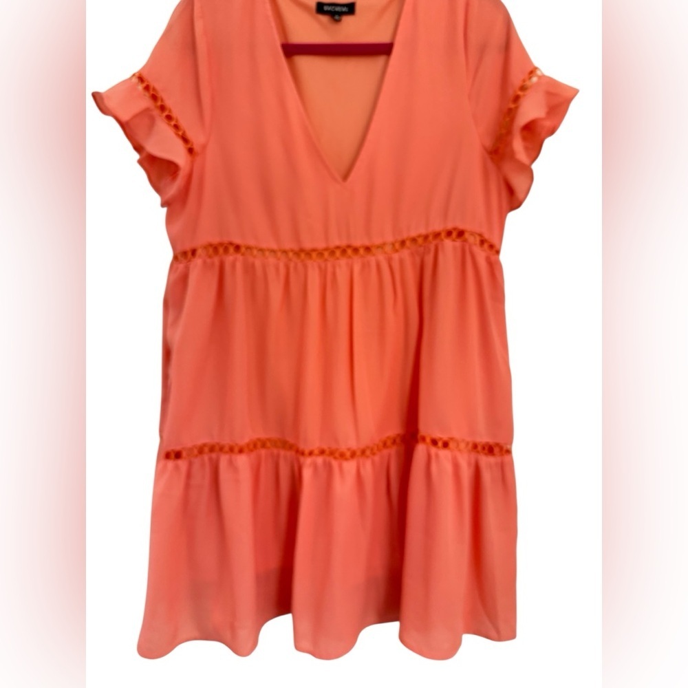 Racheal Coral V-Neck Tiered Mini Dress with Flutter Sleeves Crochet Eyelet Trim